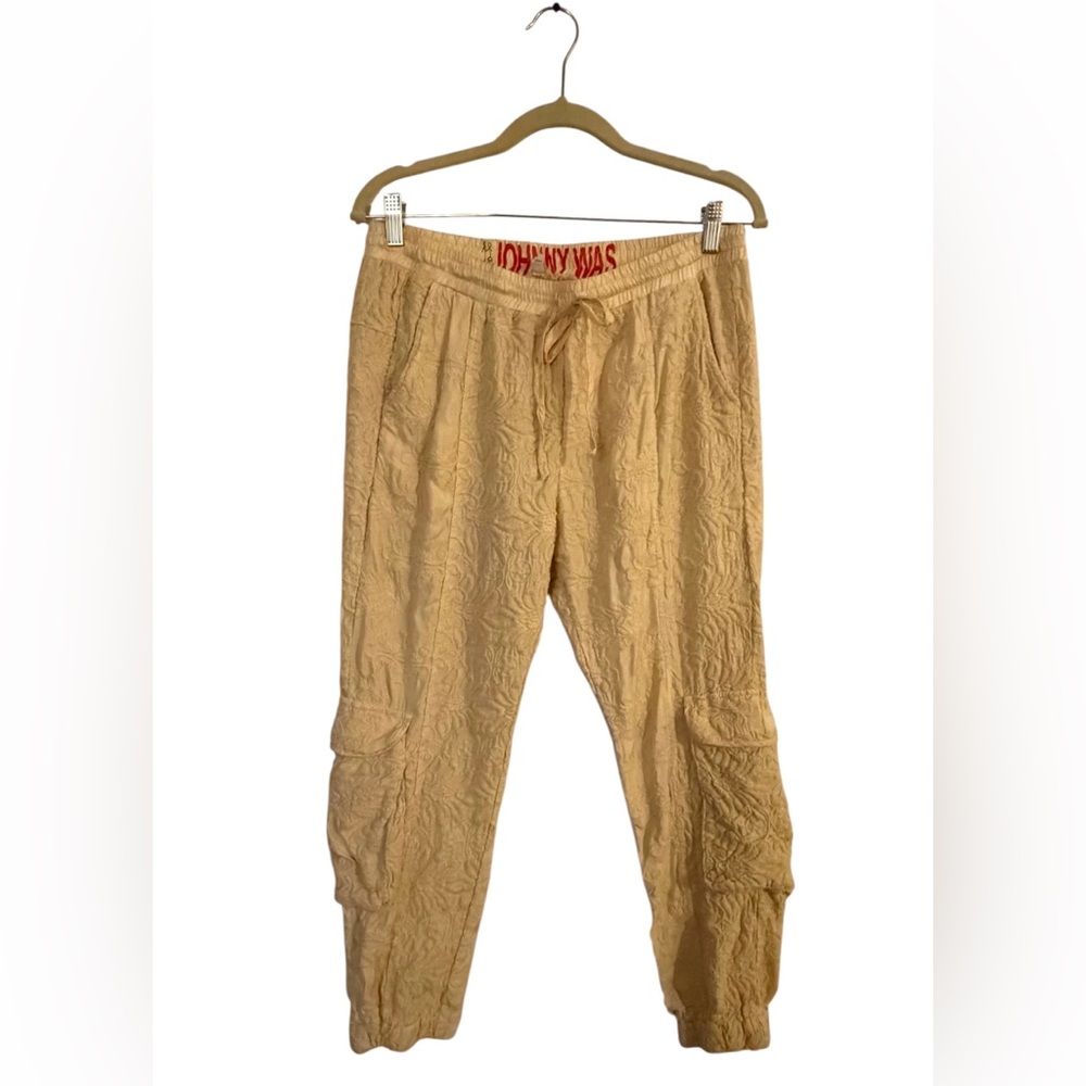 Johnny Was Vegan Silk Lace Print Textured Cream Cargo Cropped Joggers Size Small - Picture 2 of 9